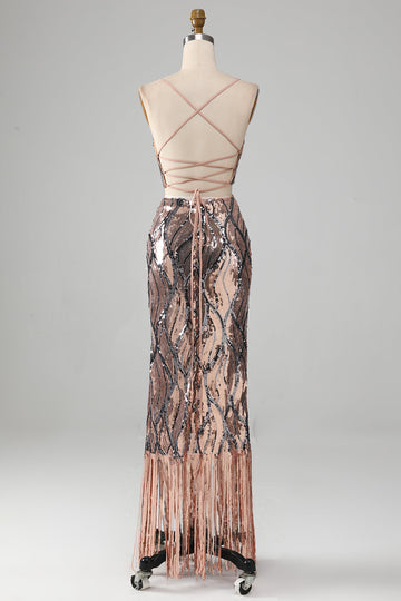 Sparkly Two-piece Sheath Ball Dress with Fringes